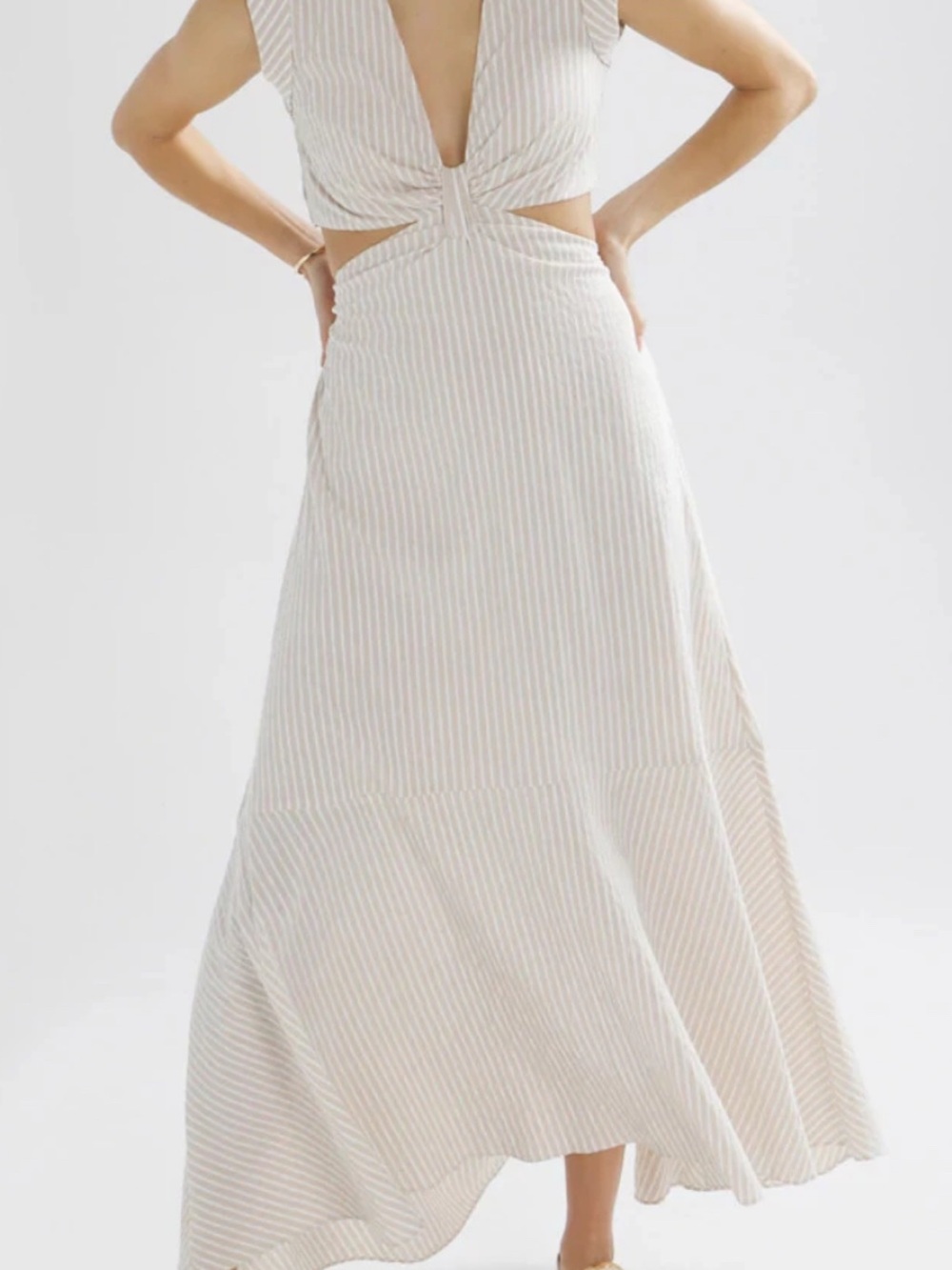Seersucker Cutout Midi Dress - Striped Cutout Dress in Biscotti Ecru Stripe